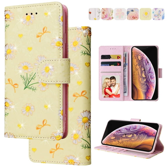 RFID Blocking Case For iPhone 15 Wallet Case for Women with Credit Card Holder, Cute Pattern Flower Designed Hand Strap Flip PU Leather Stand For iPhone 15, Yellow Daisy