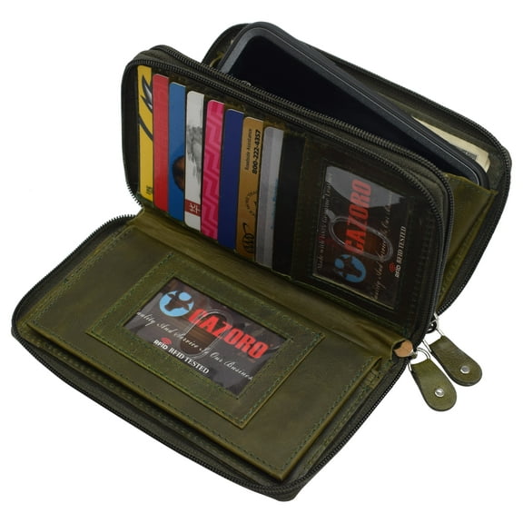 RFID Blocking Cellphone Wallet for Women Dual Zipper Long Purse with Removable Checkbook Holder