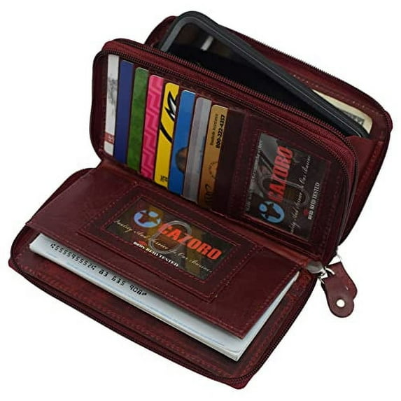 RFID Blocking Cellphone Wallet for Women Dual Zipper Long Purse with Removable Checkbook Holder