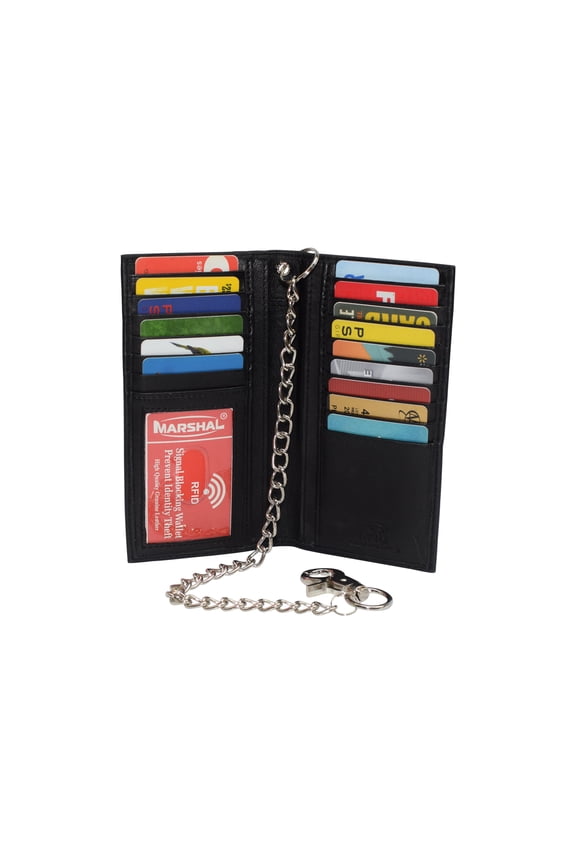 RFID Blocking Chain Wallets for Men Biker Long Bifold Genuine Leather Wallet with Chain
