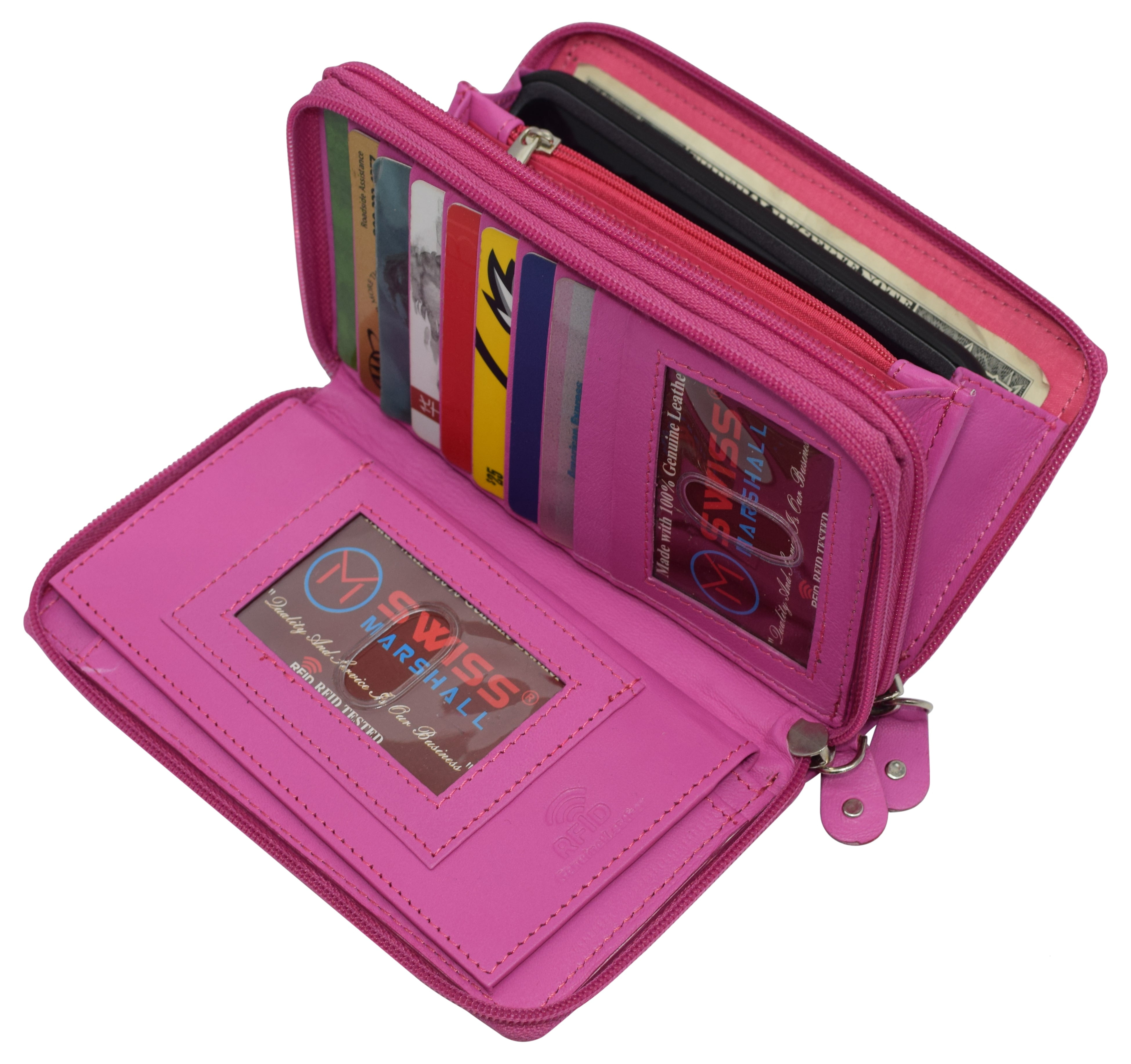 RFID Blocking Genuine Leather Women s Wallet with Double Zipper Large Capacity for Credit Cards Hot Pink Walmart