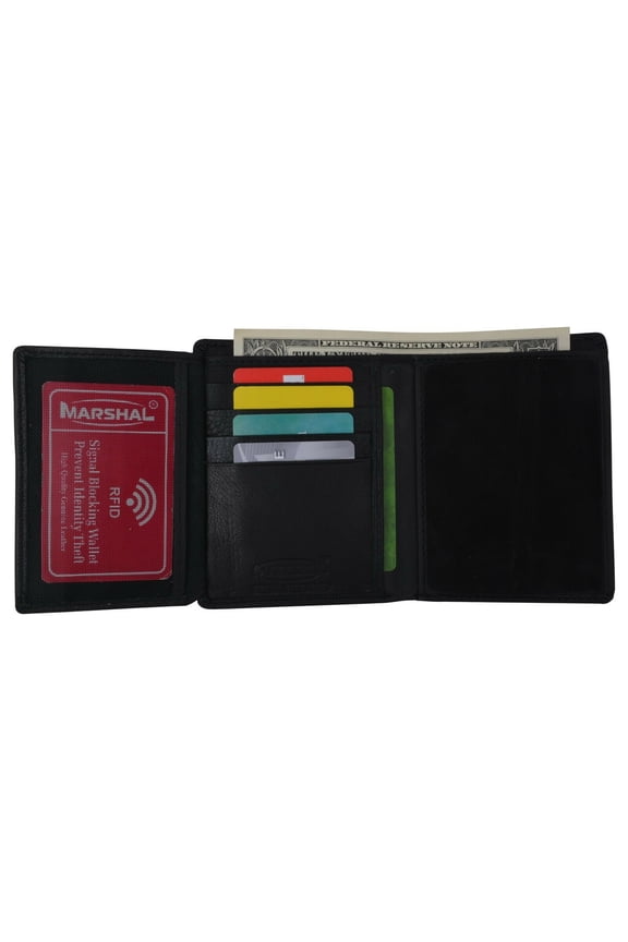 RFID Blocking Genuine Leather Black Trifold Badge Holder ID Wallet