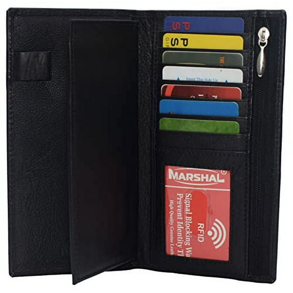 RFID Blocking Genuine Leather Long Bifold Checkbook Organizer Wallet