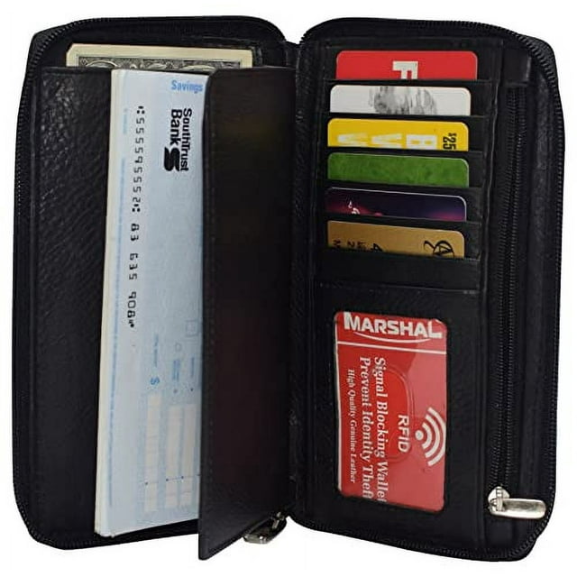 RFID Blocking Genuine Leather Long Bifold Zipper Checkbook Cover Wallet ...