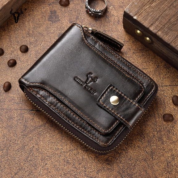 RFID Blocking Genuine Leather Men's Small Wallet Anti Theft Multi Card Wallet RFID Blocking Zipper Around Credit Card Holder Wallets With ID Window Card Slots Large Capacity Bifold Purse Gift For Him