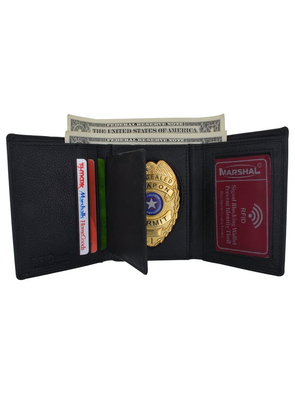 RFID Blocking Genuine Leather Trifold Badge Holder Wallet Black, Police Badge Holder