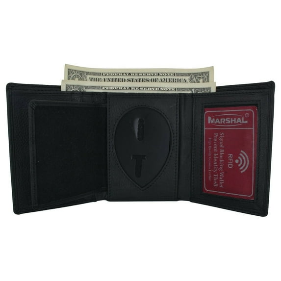 RFID Blocking Genuine Leather Trifold Badge ID Card Holder Wallet Black