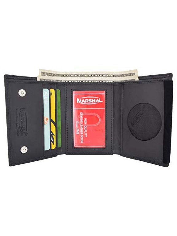 RFID Blocking Genuine Leather Trifold Round Badge Holder Wallet Black with Snap Closure