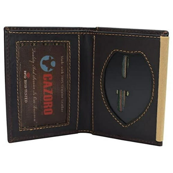 RFID Blocking Genuine Vintage Leather Bi-Fold Badge Holder Wallet Shield Style with ID window