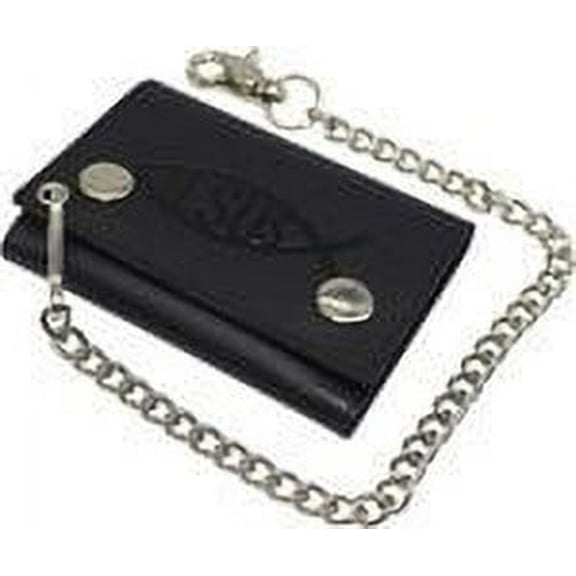 RFID Blocking Jesus Fish Men's Trifold Ichthys Biker Genuine Leather Steel Chain Wallet Snap closure Jesus Fish
