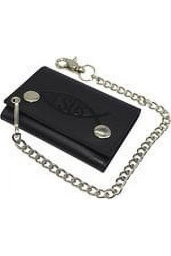 RFID Blocking Jesus Fish Men's Trifold Ichthys Biker Genuine Leather Steel Chain Wallet Snap closure Jesus Fish