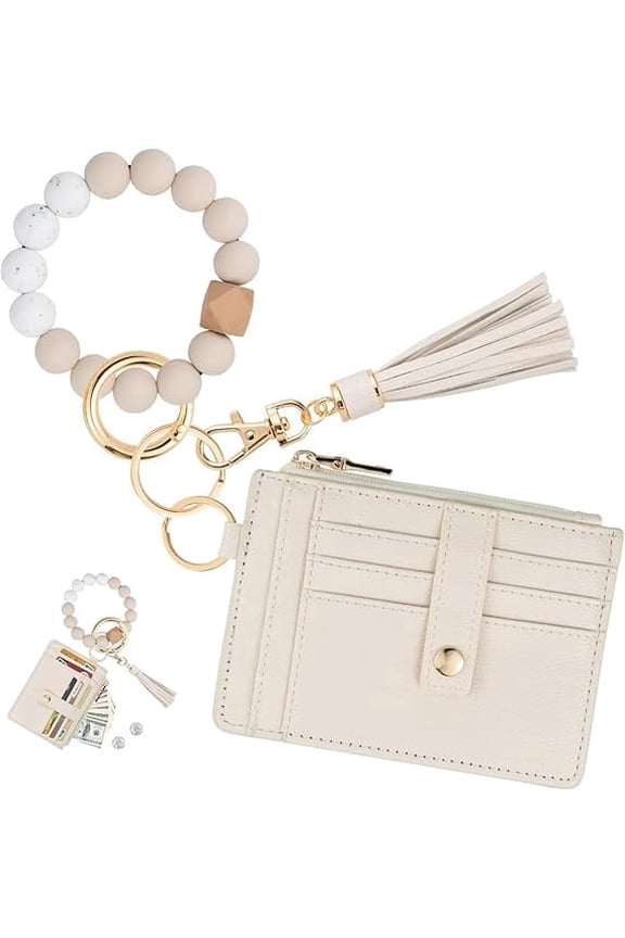 RFID Blocking Keychain Wallet Wristlet - Silicone Beaded Bangle, Multi-Card Storage Wallet with Tassel for Women Travel