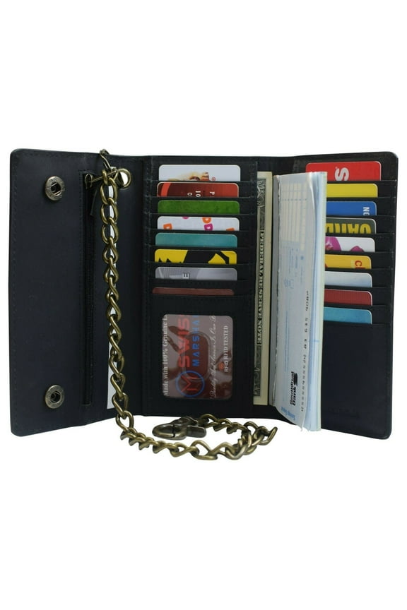 RFID Blocking Leather Biker Trifold Chain Wallet Long Checkbook Black Tan Brown