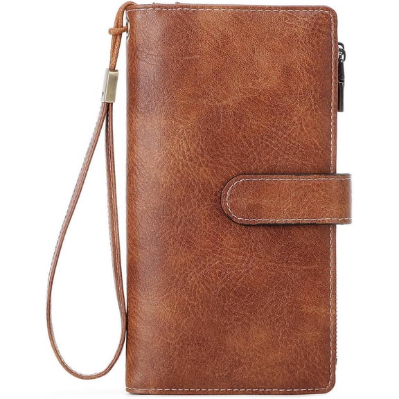 RFID Blocking Leather Wallet for Women - Slim Bifold with 16 Card Slots & Zipper Pocket, Compact Designer Purse with Smooth Double Zipper Design