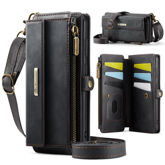 RFID Blocking Magnetic Zipper Wallet Case with 9 Card Slots For iPhone 18 Pro, Crossbody Wristlet Strap Cash Bills Pocket PU Leather Cover, Black