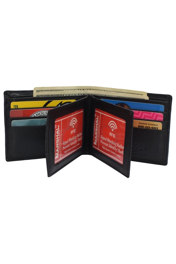 RFID Blocking Men's Bifold Leather Wallet With Double Center Flap And 3 ID Windows