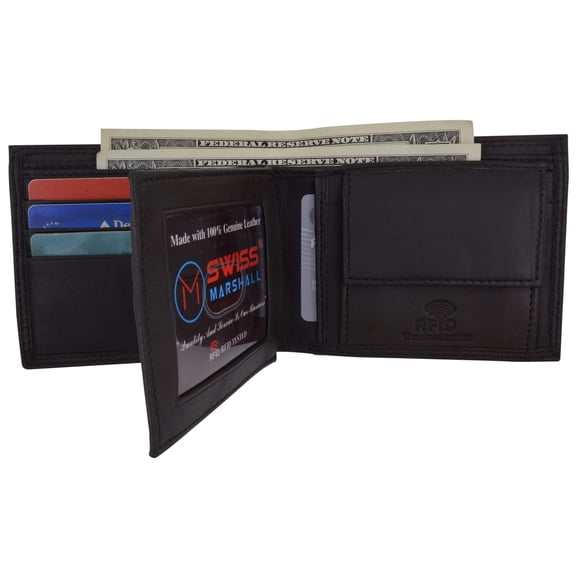 RFID Blocking Men's Bifold Premium Leather Credit Card ID Holder Wallet with Coin Pouch by Swiss Marshall
