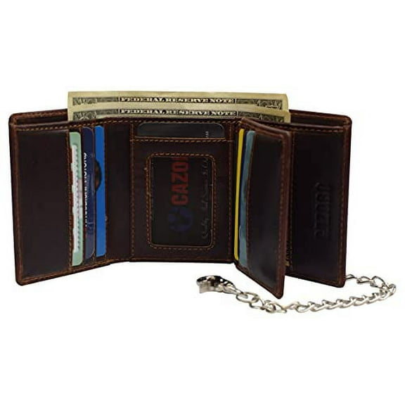 RFID Blocking Men's Classic Biker Chain Trifold Crazy Horse Leather Wallet