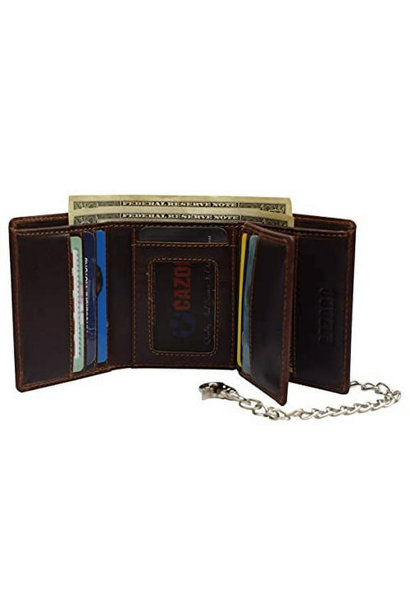 RFID Blocking Men's Classic Biker Chain Trifold Crazy Horse Leather Wallet