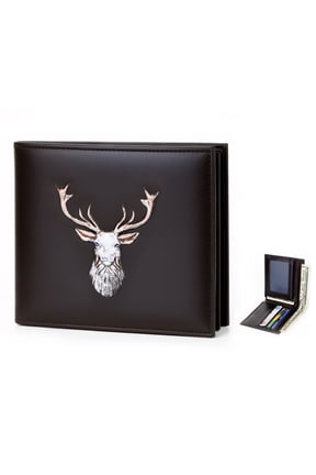 Genuine Leather Men's Wallet Dark Brown – Full-Grain Cowhide, Wolf Eagle Deer Embossed, 2 Hidden Slots, ID Window | Premium Gift for Dad Husband Boyfriend