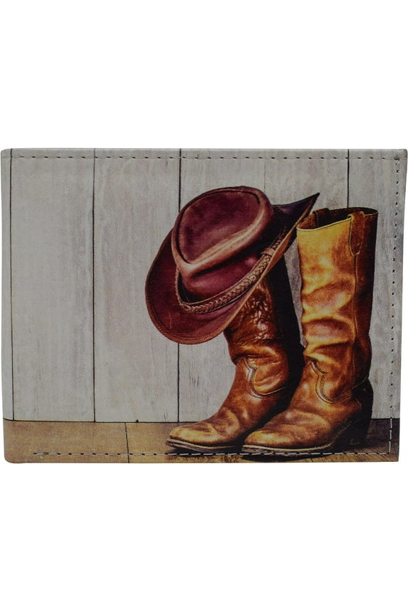 RFID Blocking Men's Printed Cowboy Boots Bifold Genuine Leather Wallet Western with Gift box