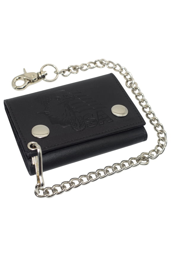 RFID Blocking Men's Tri-fold Biker Cowhide Genuine Leather Steel Chain Eagle USA Wallet Snap closure