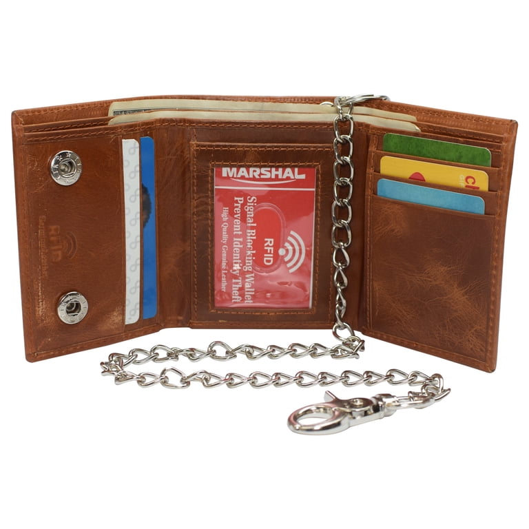 RFID Blocking Men's Tri-fold Leather Biker Silver Chain Wallet