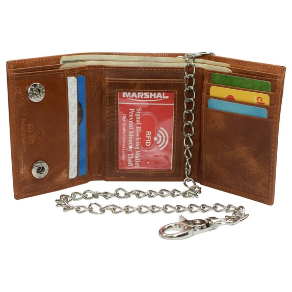 RFID Blocking Men's Tri-fold Leather Biker Silver Chain Wallet With Snap Closure