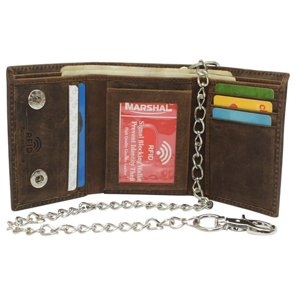 RFID Blocking Men's Tri-fold Leather Biker Silver Chain Wallet With Snap Closure