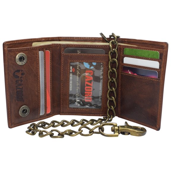 RFID Blocking Men's Tri-fold Vintage Biker Vintage Buffalo Leather Steel Chain Wallet Snap closure