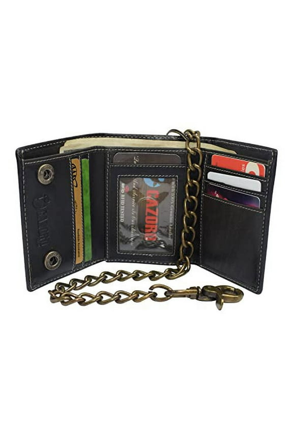 RFID Blocking Men's Tri-fold Vintage Biker Vintage Buffalo Leather Steel Chain Wallet Snap closure
