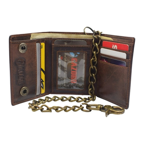 RFID Blocking Men's Tri-fold Vintage Biker Vintage Buffalo Leather Steel Chain Wallet Snap closure