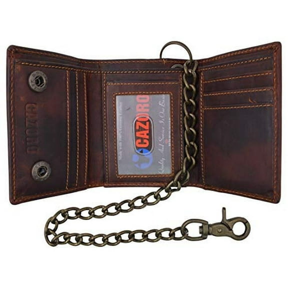 RFID Blocking Men's Tri-fold Vintage Leather Biker Chain Wallet With Snap Closure