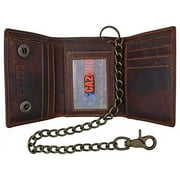 RFID Blocking Mens Tri-fold Vintage Leather Biker Chain Wallet With Snap Closure