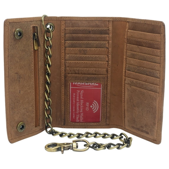 RFID Blocking Men's Tri-fold Vintage Long Style Cow Leather With Chain card holder Wallet