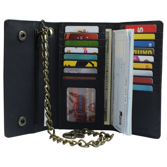 RFID Blocking Men's Tri-fold Vintage Long Style Cow Leather With Chain card holder Wallet