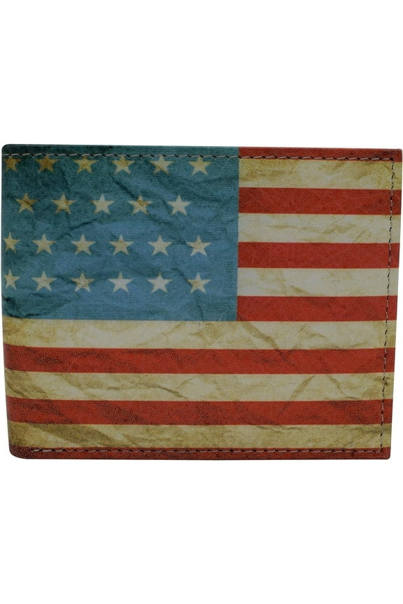 RFID Blocking Men's USA Flag Printed Bifold Genuine Leather Wallet Western with Gift box