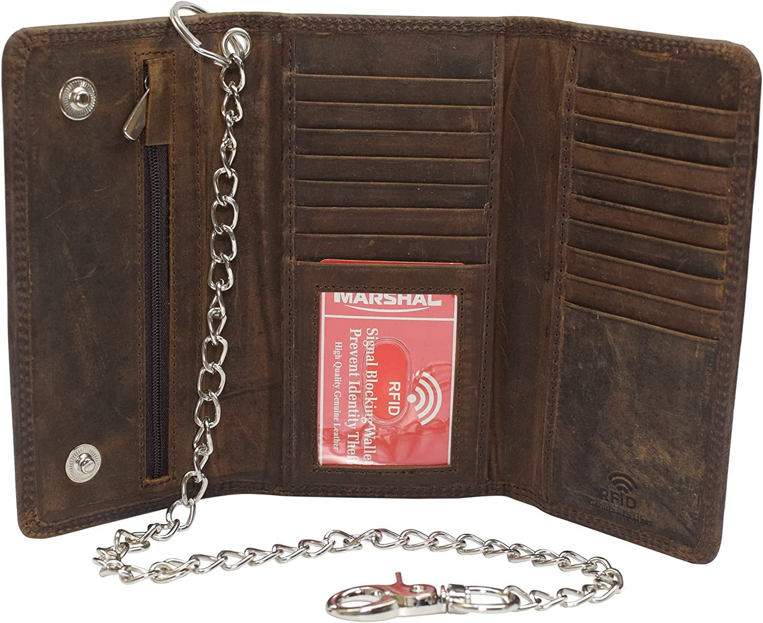 RFID Blocking Men's Tri-Fold Chain Wallet - Crazy Horse Leather With Steel Chain (Skull Brown, Large) - View #12