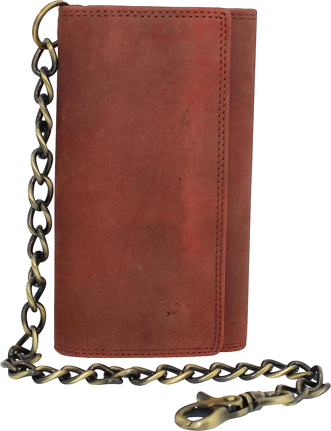 RFID Blocking Men's Tri-Fold Chain Wallet - Crazy Horse Leather With Steel Chain (Skull Brown, Large) - View #6