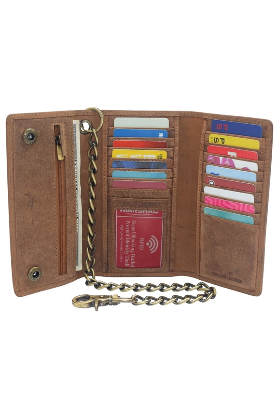 RFID Blocking Mens Tri-fold Long Style Krazy Horse Leather Steel Chain Wallet