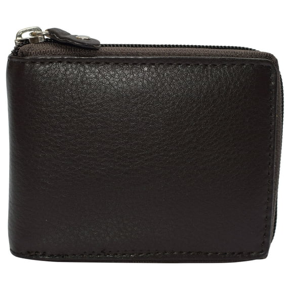 RFID Blocking Mens Zip Around Wallet Cowhide Leather Zipper Bifold
