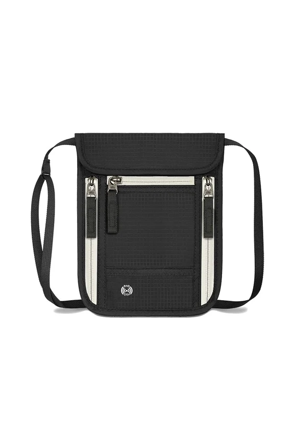 RFID-Blocking Neck Passport Pouch, Anti-Theft Travel Document Wallet with Adjustable Strap, Water-Resistant & Breathable for Secure Travel,Black (Grey Zipper)