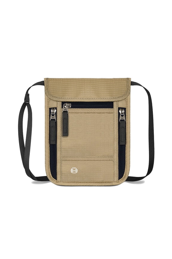 RFID-Blocking Neck Passport Pouch, Anti-Theft Travel Document Wallet with Adjustable Strap, Water-Resistant & Breathable for Secure Travel，Khaki