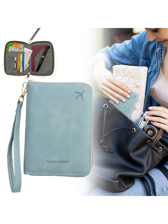 RFID Blocking Passport Holder, Zipper Travel Document Organizer with Anti-Loss Design, PU Leather Slim Wallet for Cards Cash Boarding Pass, Light Blue, By Preplabs