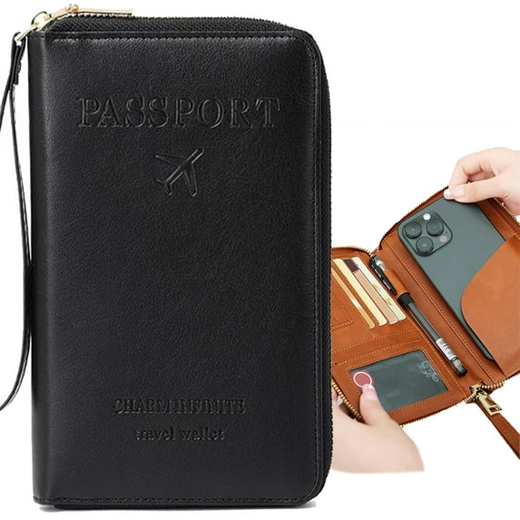 RFID Blocking Passport Wallet - Anti-Skimming Travel Organizer w/ 12 Card Slots & Ticket Pocket | TSA-Approved Leather Holder for IDs & Cash
