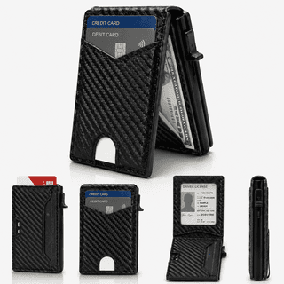 RFID Blocking Pop-Up Card Holder Wallet for Men, Slim Aluminum Credit Card Case with PU Cover and Cash Pocket, Carbon Black