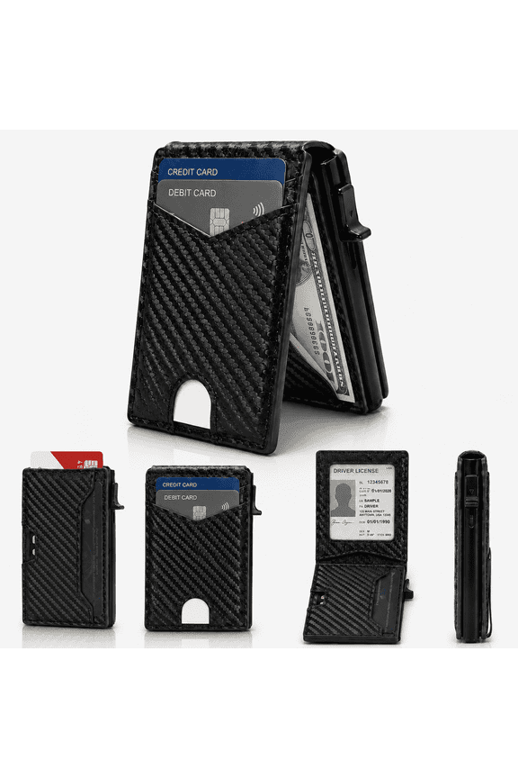 RFID Blocking Pop-Up Card Holder Wallet for Men, Slim Aluminum Credit Card Case with PU Cover and Cash Pocket, Carbon Black