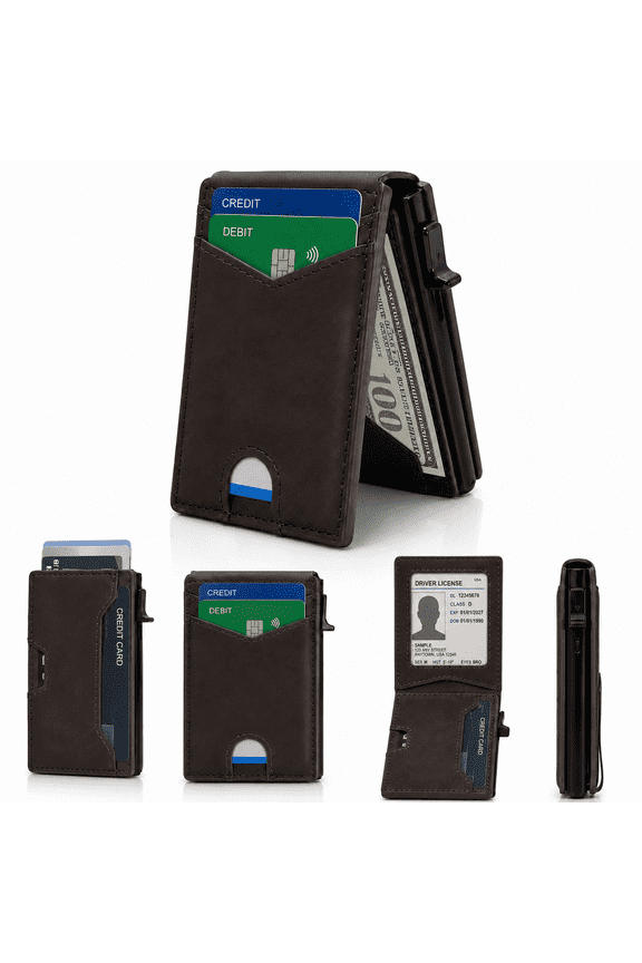 RFID Blocking Pop-Up Card Holder Wallet for Men, Slim Aluminum Credit Card Case with PU Cover and Cash Pocket,Dark brown