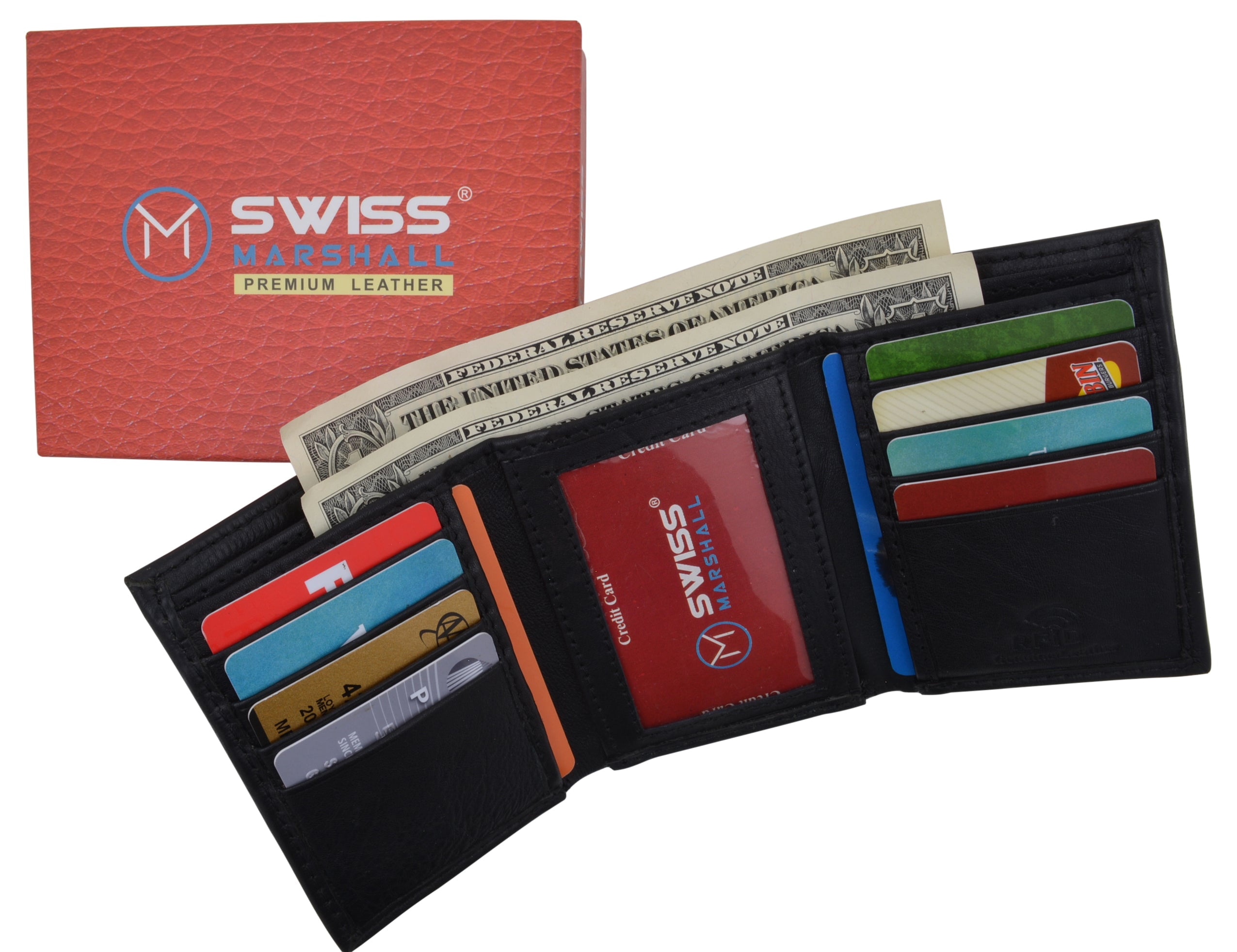 Wallet Card Box RFID Blocking Premium Leather Black Classic Trifold Credit Card ID ...
