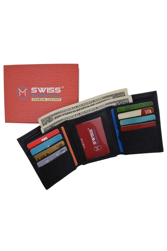 RFID Blocking Premium Leather Black Classic Trifold Credit Card ID Wallet Box